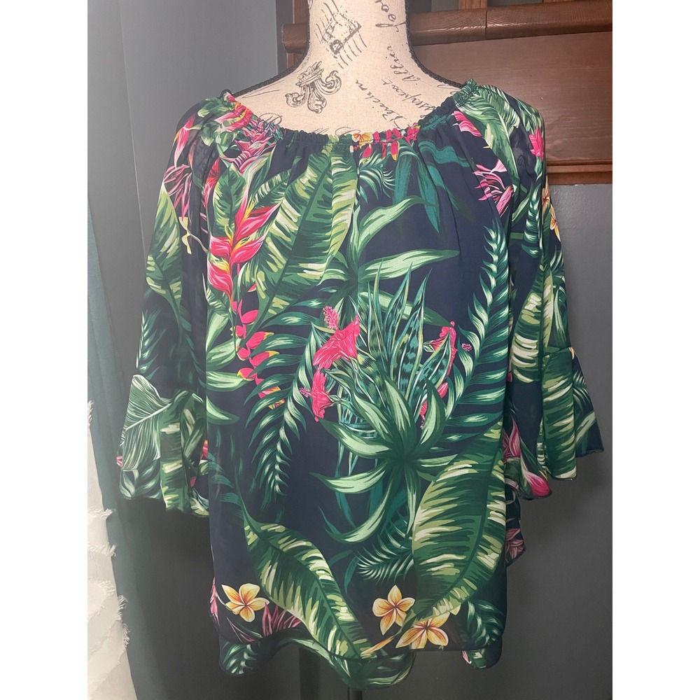 Charlie B Tropical Palm Leaf Print Bell Sleeve Blouse Navy Pink Green P/S
